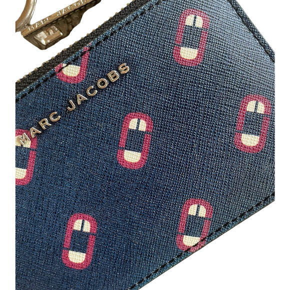 MARC JACOBS Navy Leather Double J Scream Logo Print Silver Key Ring Card Wallet - Picture 7 of 7